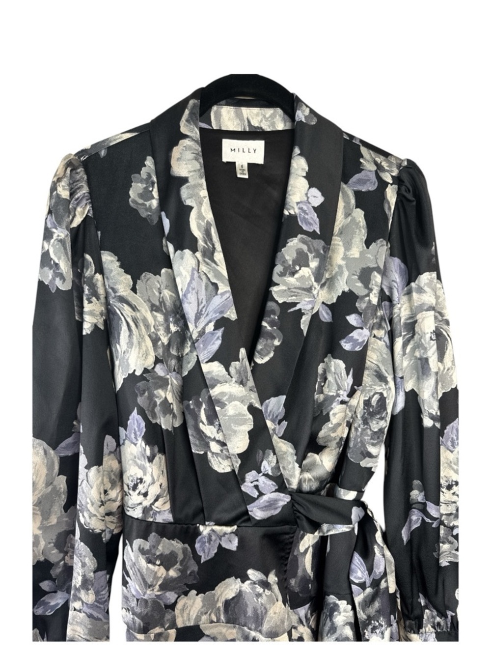 MILLY Samara Satin Floral Wrap Mini Dress Black Gray Size 6 - Picture 3 of 15